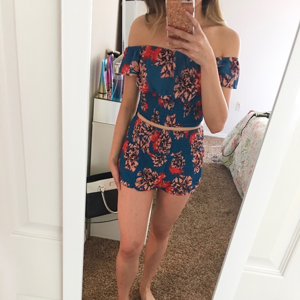 Two Piece Teal Red Floral Outfit